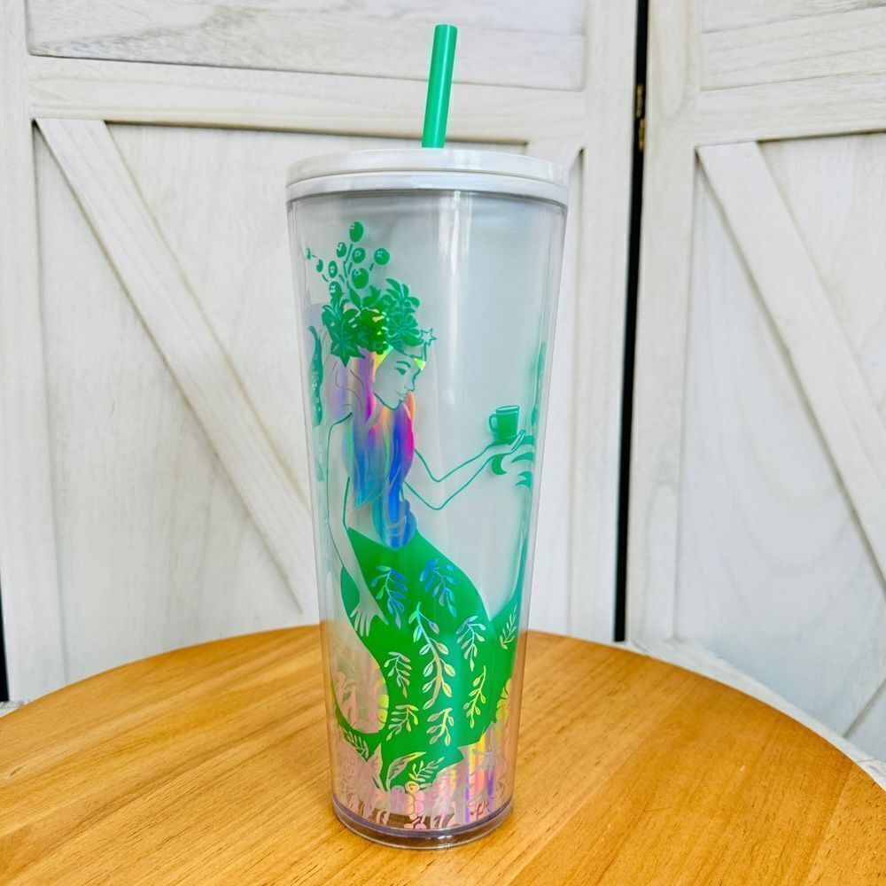 Starbucks Pearl Holographic Siren‎ Mermaid Tumbler Venti Cup White Green 24oz